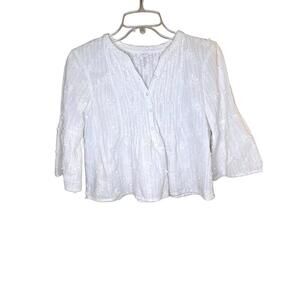 Club Monaco White Embroidered Cotton Blouse XS Boho Boxy Bell Sleeves